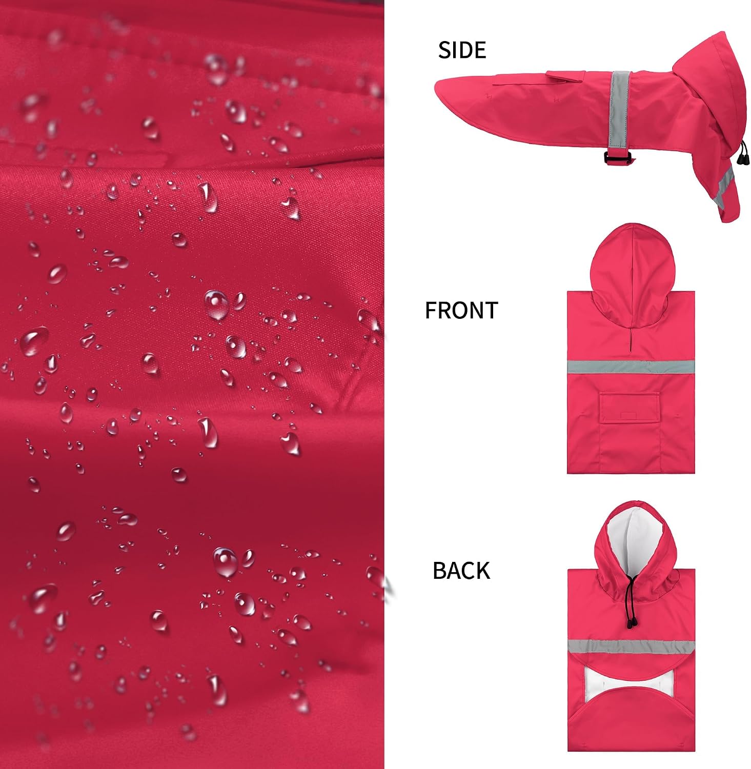 NACOCO Large Dog Raincoat Adjustable Pet Water Proof Clothes Lightweight Rain Jacket Poncho Hoodies with Strip Reflective (L, Red)