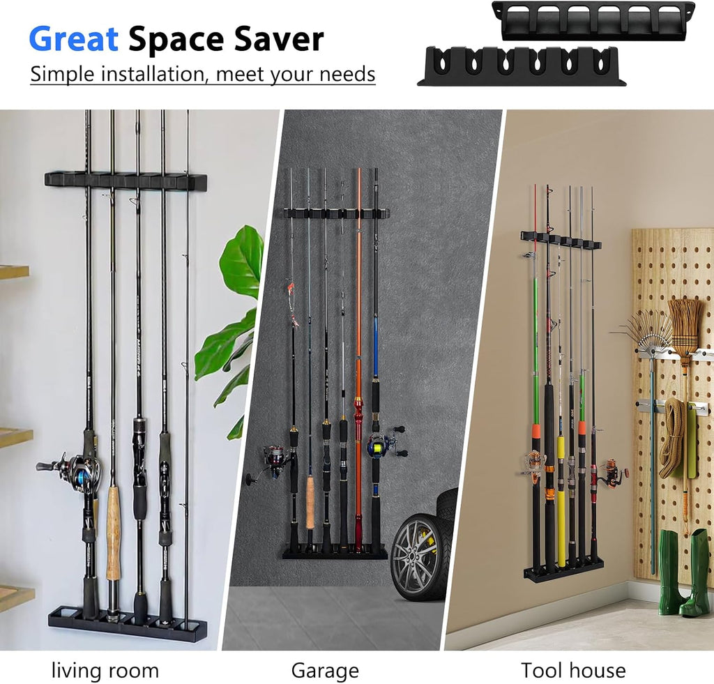 2-Set Vertical Fishing Rod Holders Wall-Mounted Holds 12 Rods or Combos