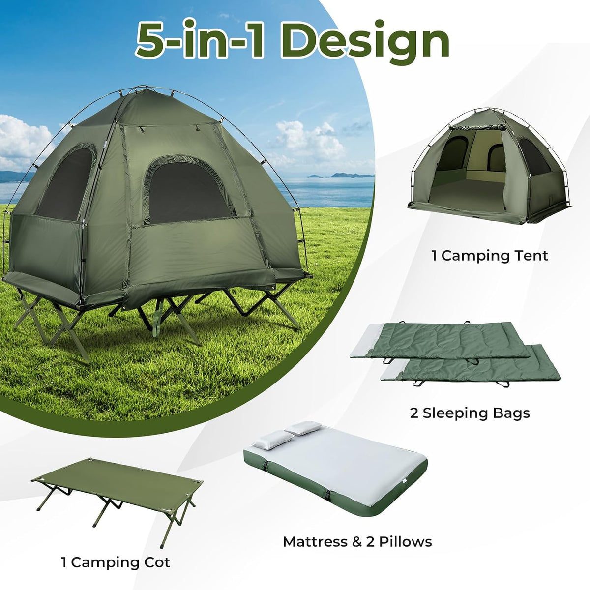 GYMAX Tent Cot, 5-in-1 Folding Camping Cot with Mattress & Pillows, Sleeping Bags, Sunshade, Camping Tent Elevated with Carrying Bag for Outdoor Hiking, Fishing, Picnic (2-Person)
