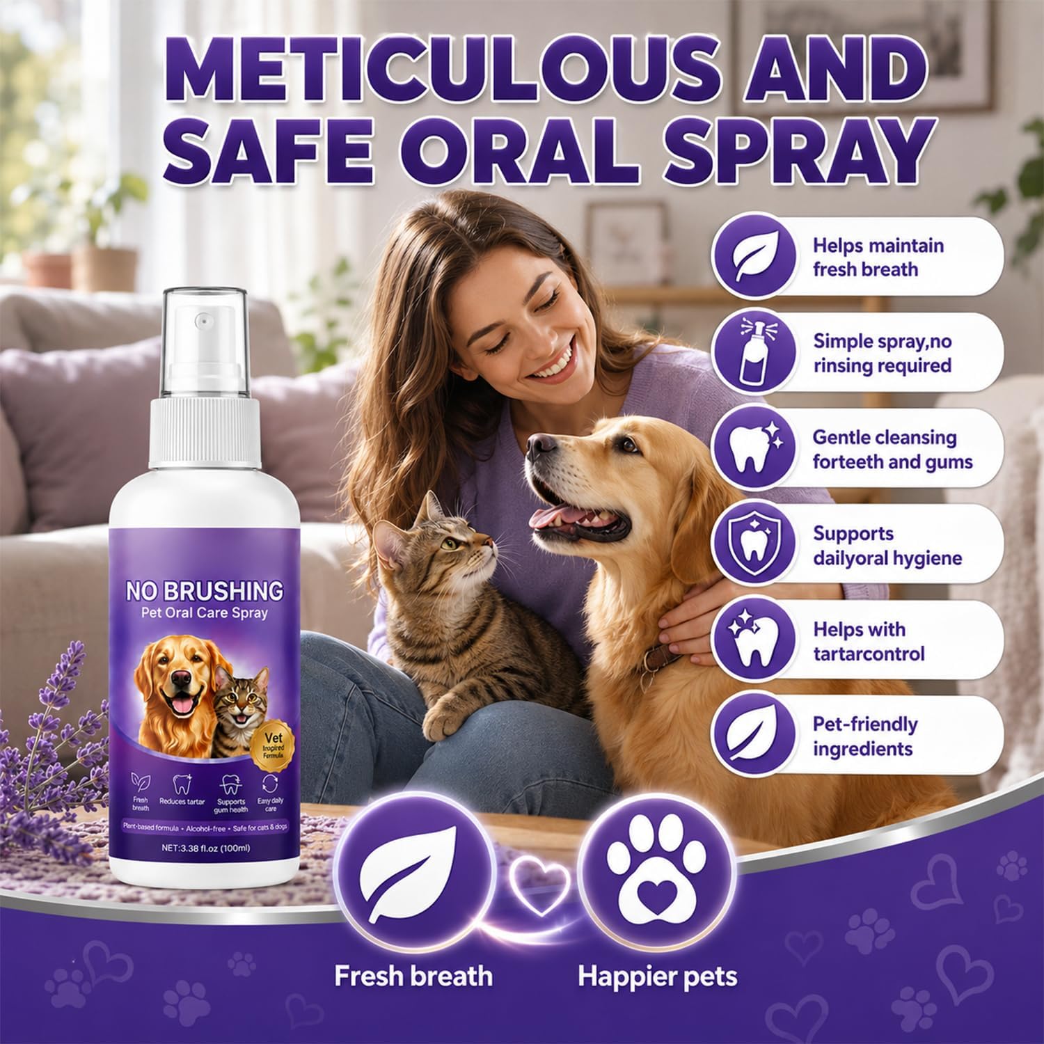 Wanban No Brushing Pet Oral Care Spray, Breath Freshener & Teeth Cleaning Spray for Dogs & Cats, Gentle Daily Oral Care for Pets