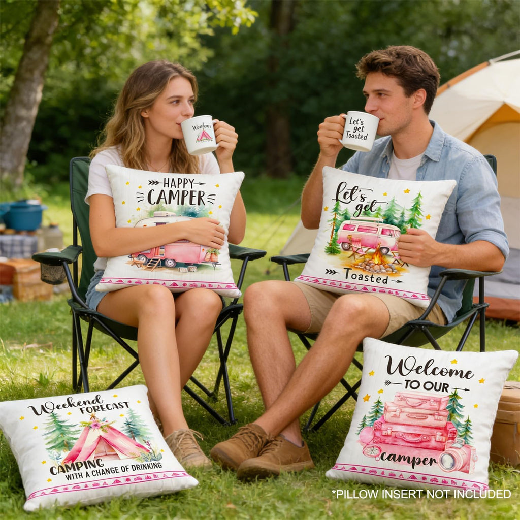 Happy Camper Camping Life Throw Pillow Cover for Camp Lady, 18 x 18 Inch Pink Travel Trailer Campfire Tent Pinetree Holiday Cushion Case Decoration for Sofa Couch Set of 4