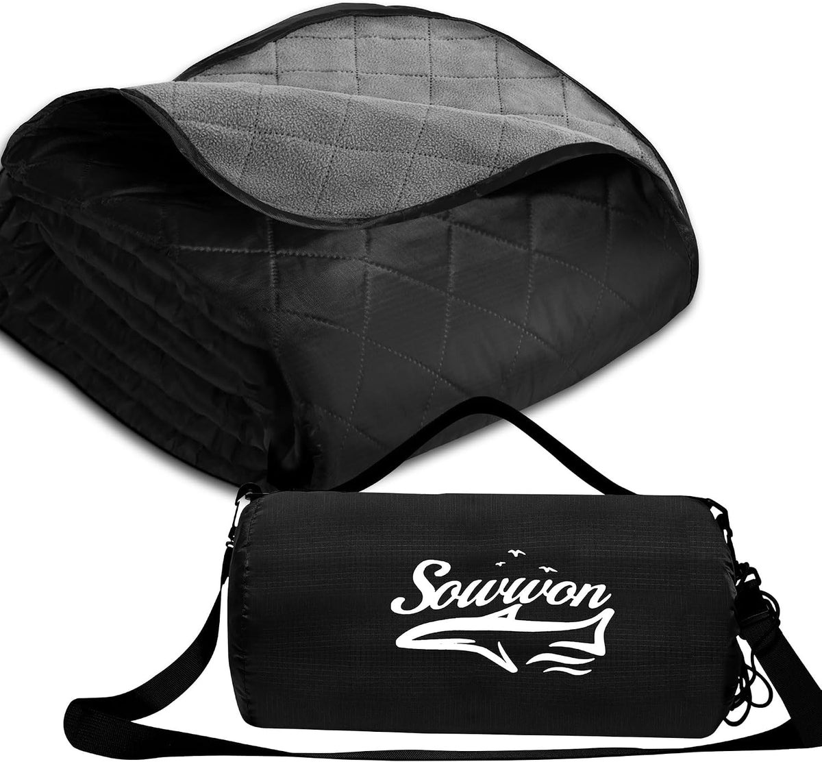 Waterproof Outdoor Blanket 91"x60" Large Quilted Fleece 300GSM Black