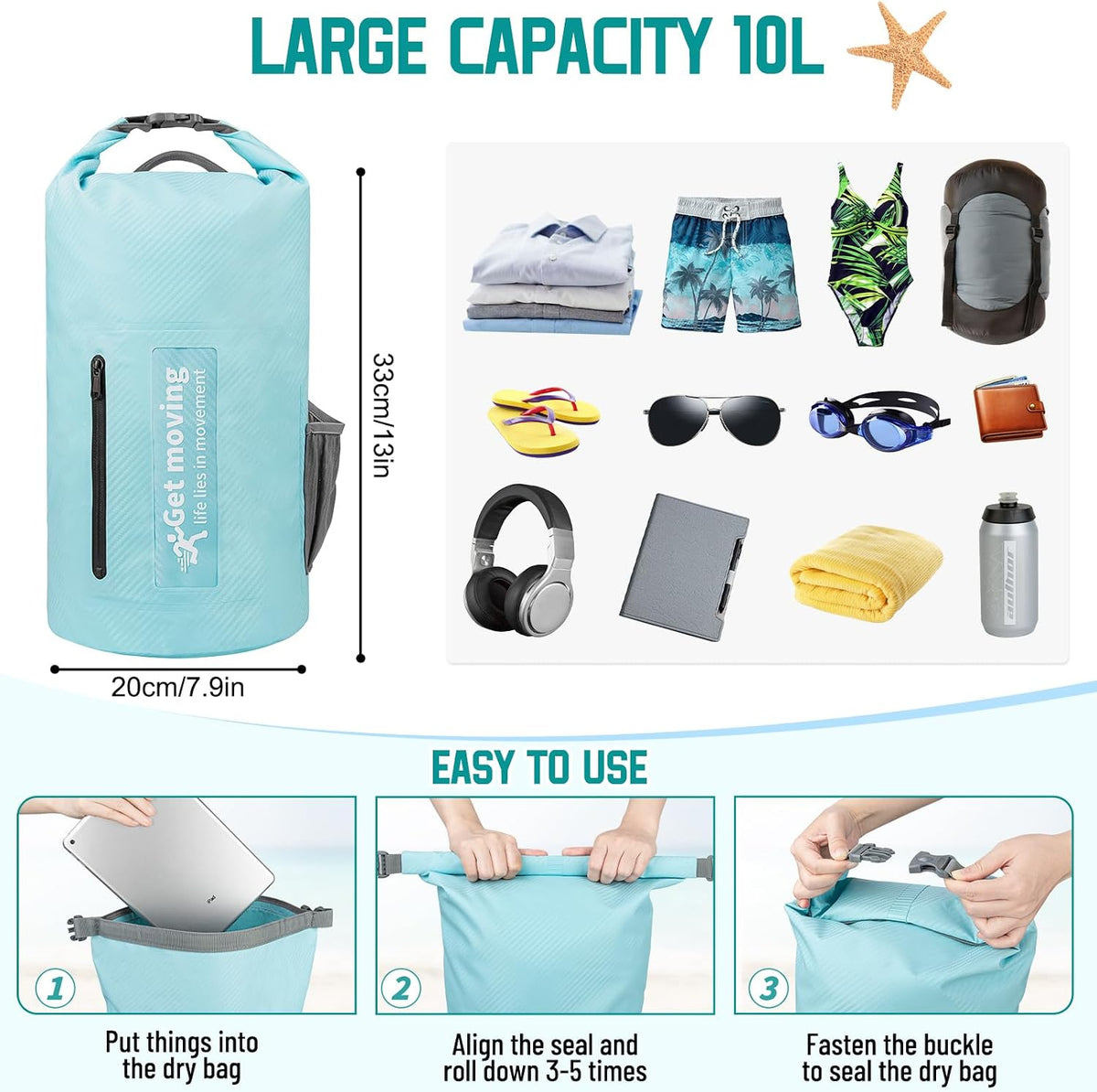 BKNOOU Dry Bag Waterproof for Kayaking, Roll Top Backpack for Women Men