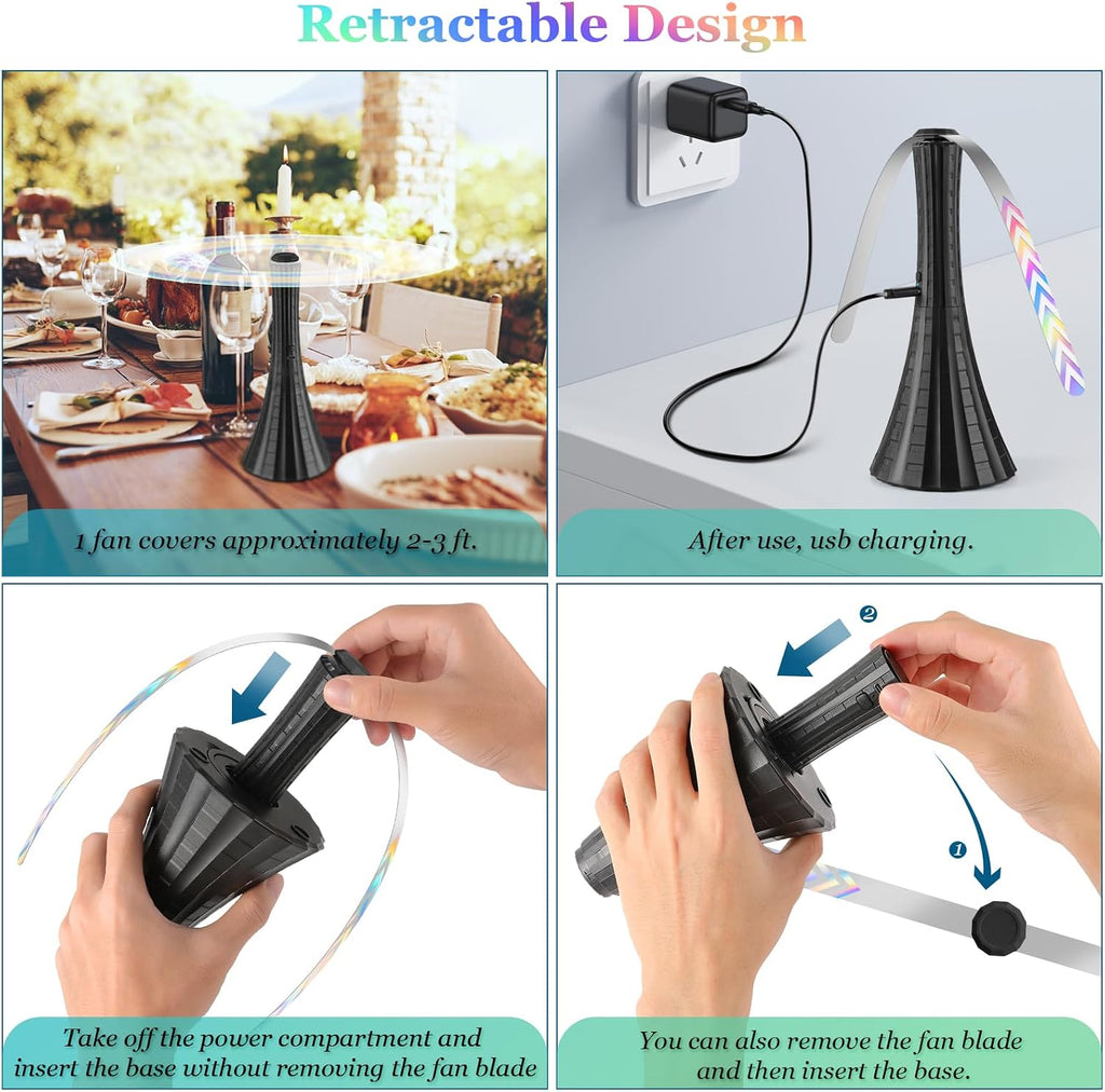 Fly Fans for Tables Rechargeable, Flies Fan to Keep Flies Away by Soft Blades, Food Fans for Camping, Picnic, Fishing, 4PCS, Black，Party Essentials Picnic Accessories for Outside, 2000mah