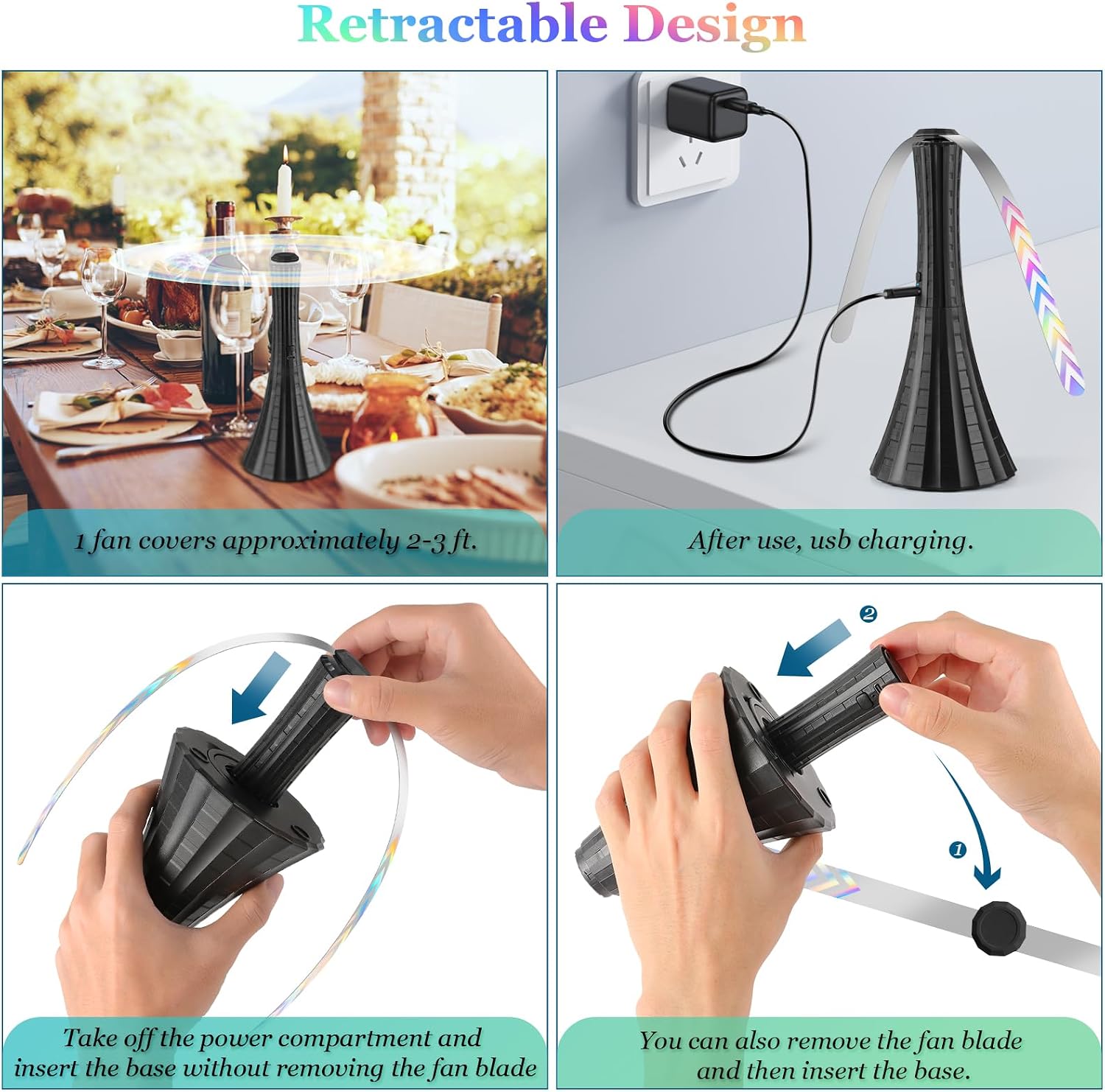 Fly Fans for Tables Rechargeable, Flies Fan to Keep Flies Away by Soft Blades, Food Fans for Camping, Picnic, Fishing, 4PCS, Black，Party Essentials Picnic Accessories for Outside, 2000mah