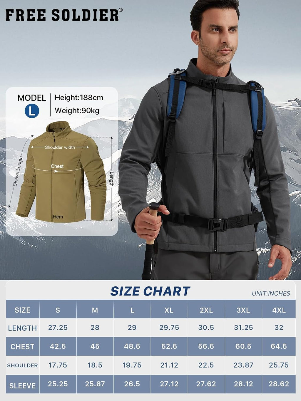 FREE SOLDIER Men's Waterproof Softshell Jacket Lightweight Fleece Lined Jacket Outdoor Hiking Windbreaker