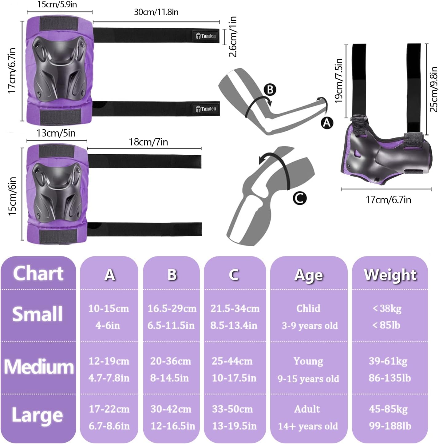 Tanden Skating Protective Gear Knee and Elbow Pads Wrist Guards for Roller Skating Skateboarding, Skate Pads Adult Knee Pads