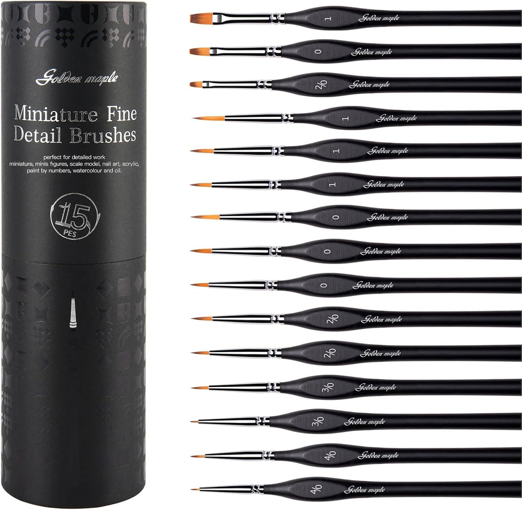 Golden Maple Miniature Paint Brushes, 15PC Model Brushes Micro Detail Paint Brush Set, Fine Detailing for Acrylics, Oils, Watercolors & Paint by Number, Figurine (Wooden)