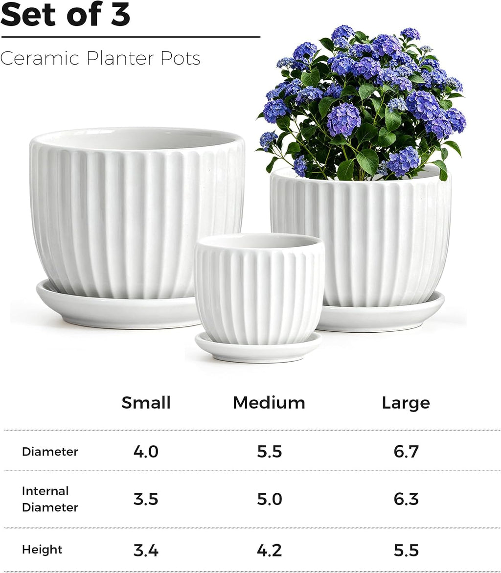 White Plant Pots,Ceramic Flower Pot Set of 3 with Drainage Holes & Saucers