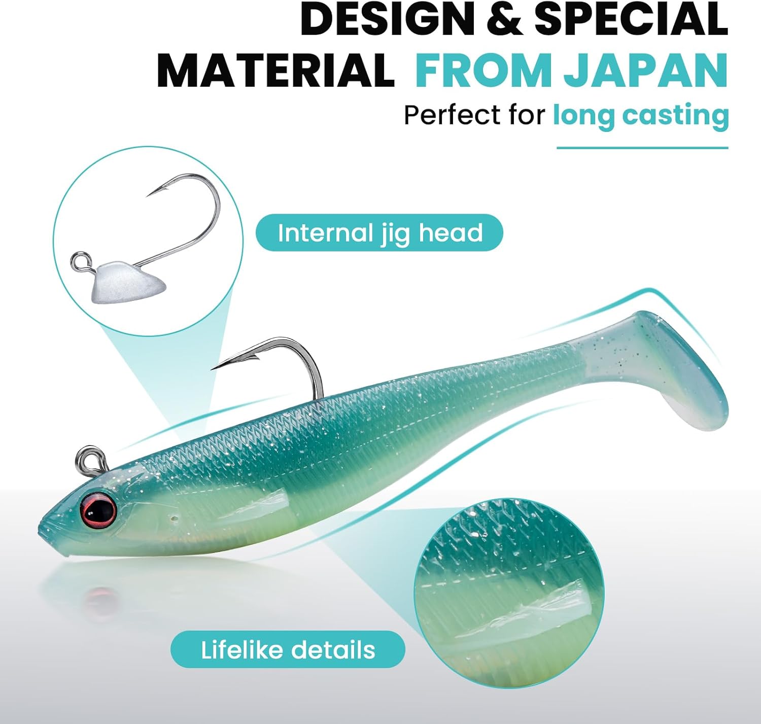 TRUSCEND Shadtale Easy Catch Soft Fishing Lures with BKK Hooks - Trembly Sinking and Vibrating Swim for More Bites, Pre-Rigged Swimbaits for Bass, Trout, Crappie, Walleye, Freshwater Saltwater Fishing