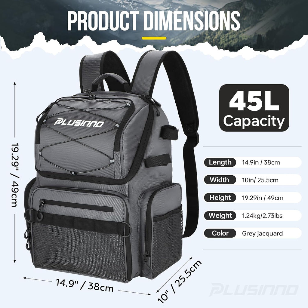 PLUSINNO Cooler Fishing Backpack with Rod Holders 45L Large Water-resistant Fishing Tackle bag Store Fishing Gear Fishing Gifts for Men Father