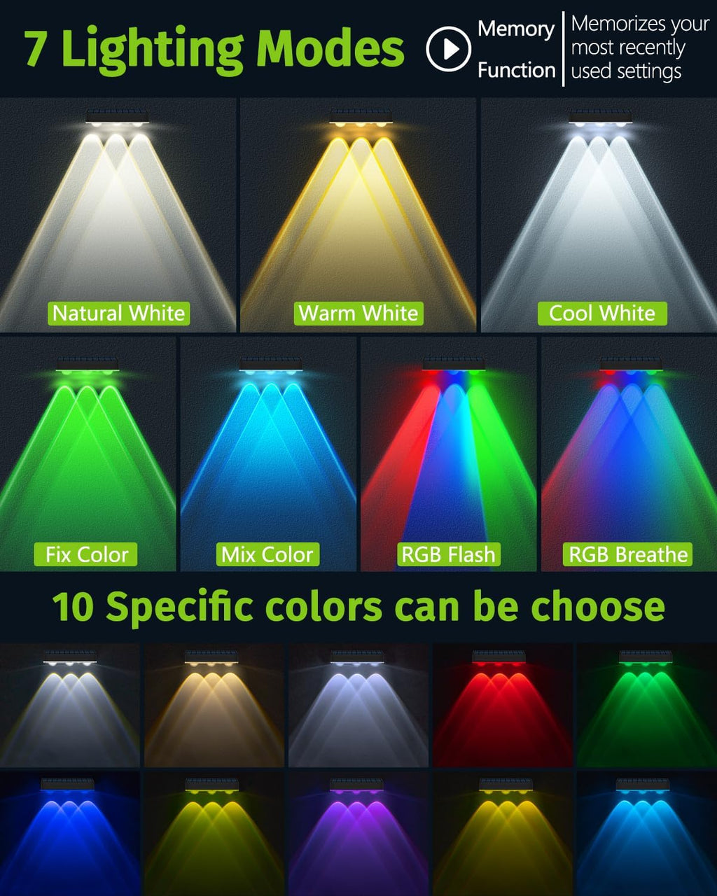 Solar Fence Lights Outdoor 12 Pack Upgraded High Brightness 3 LED Spot Lens Waterproof Deck Lights 7 Mode Warm&Cool White RGB Solar Powered Wall Lighting Decor for Outside Patio Step Backyard Railing