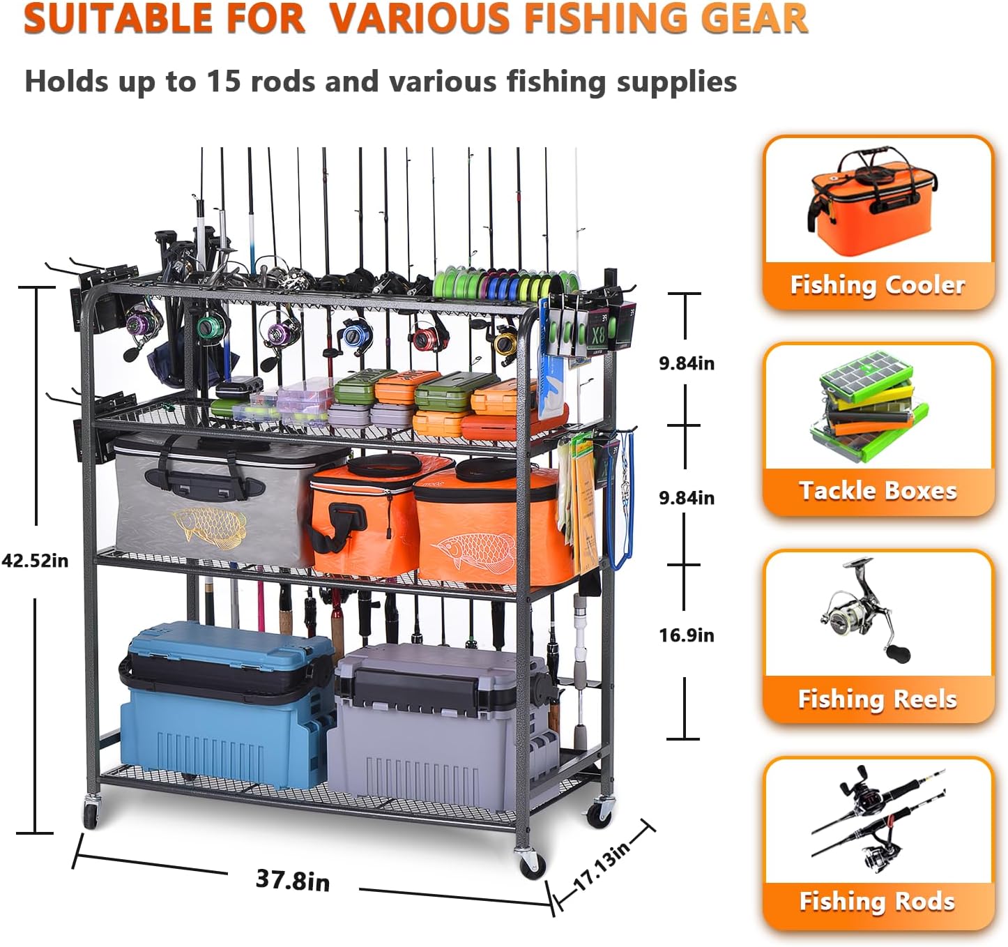 Heavy Duty Fishing Rod Rack, Fishing Organizer for Garage, Fishing Gear Holder for Garage with Movable Wheels