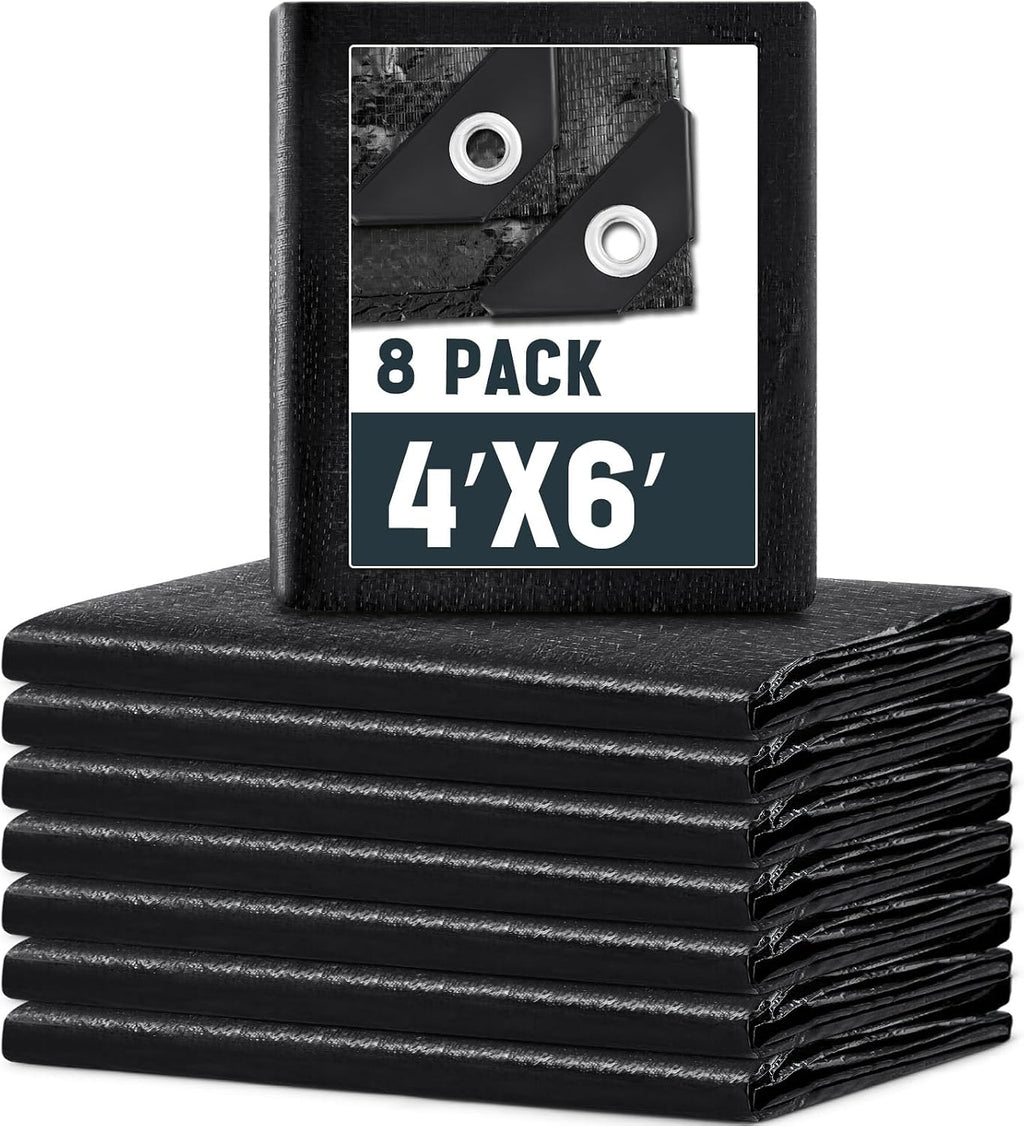 8 Pack 4 x 6 ft Black Tarps, 5.5 Mil Heavy Duty Waterproof Tarp