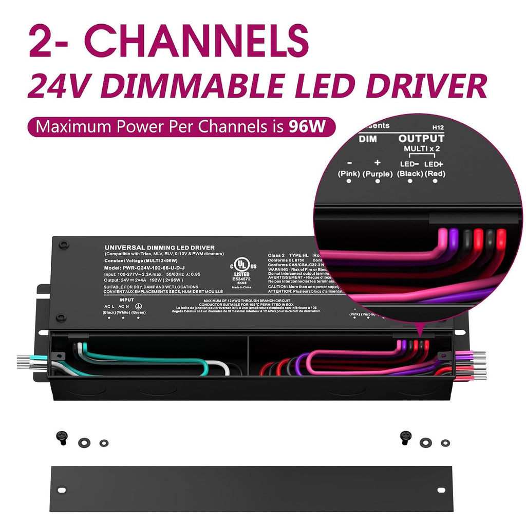 EMITEVER 192W 24V 5-in-1 2-Channel Dimmable LED Driver, AC 110-277V to DC