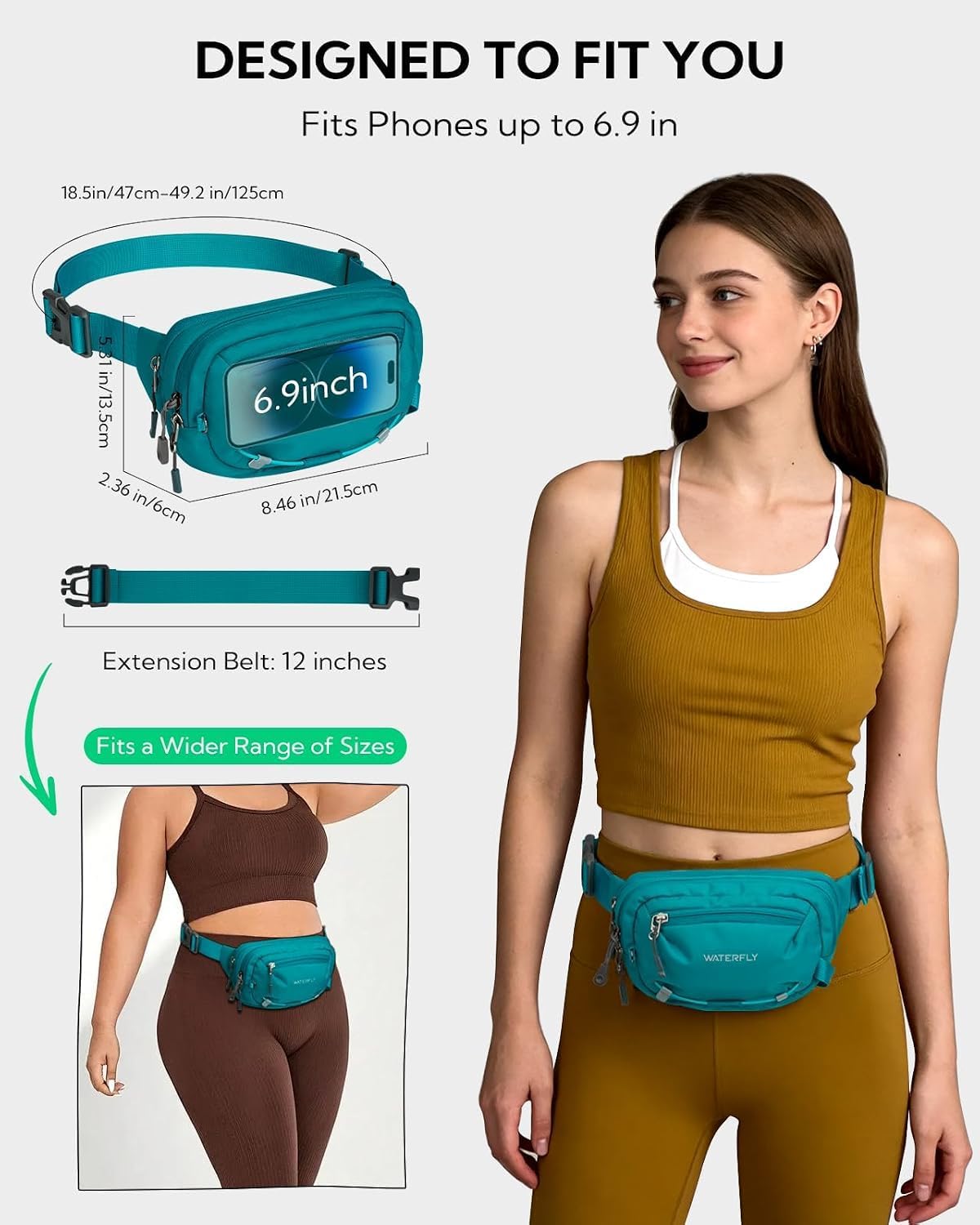 WATERFLY Small RFID Fanny Pack: 1.5L Waist Bag 12" Extender Belt for Hiking