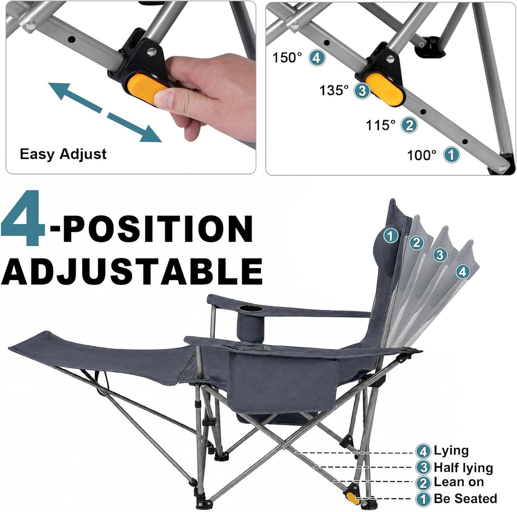 Romswi 2 Pack Reclining Camping Chairs with Removable Footrests, 4-Position Adjustable Lounge Chairs, 300 LBS Heavy Duty Folding Chairs with Cooler Bag, Cup Holder & Carry Bag, Grey