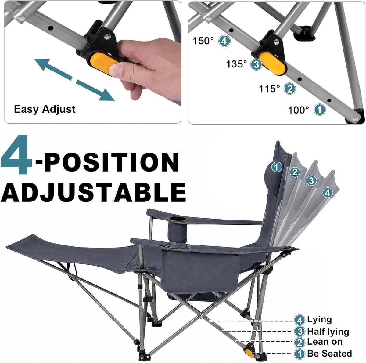 Romswi 2 Pack Reclining Camping Chairs with Removable Footrests, 4-Position Adjustable Lounge Chairs, 300 LBS Heavy Duty Folding Chairs with Cooler Bag, Cup Holder & Carry Bag, Grey