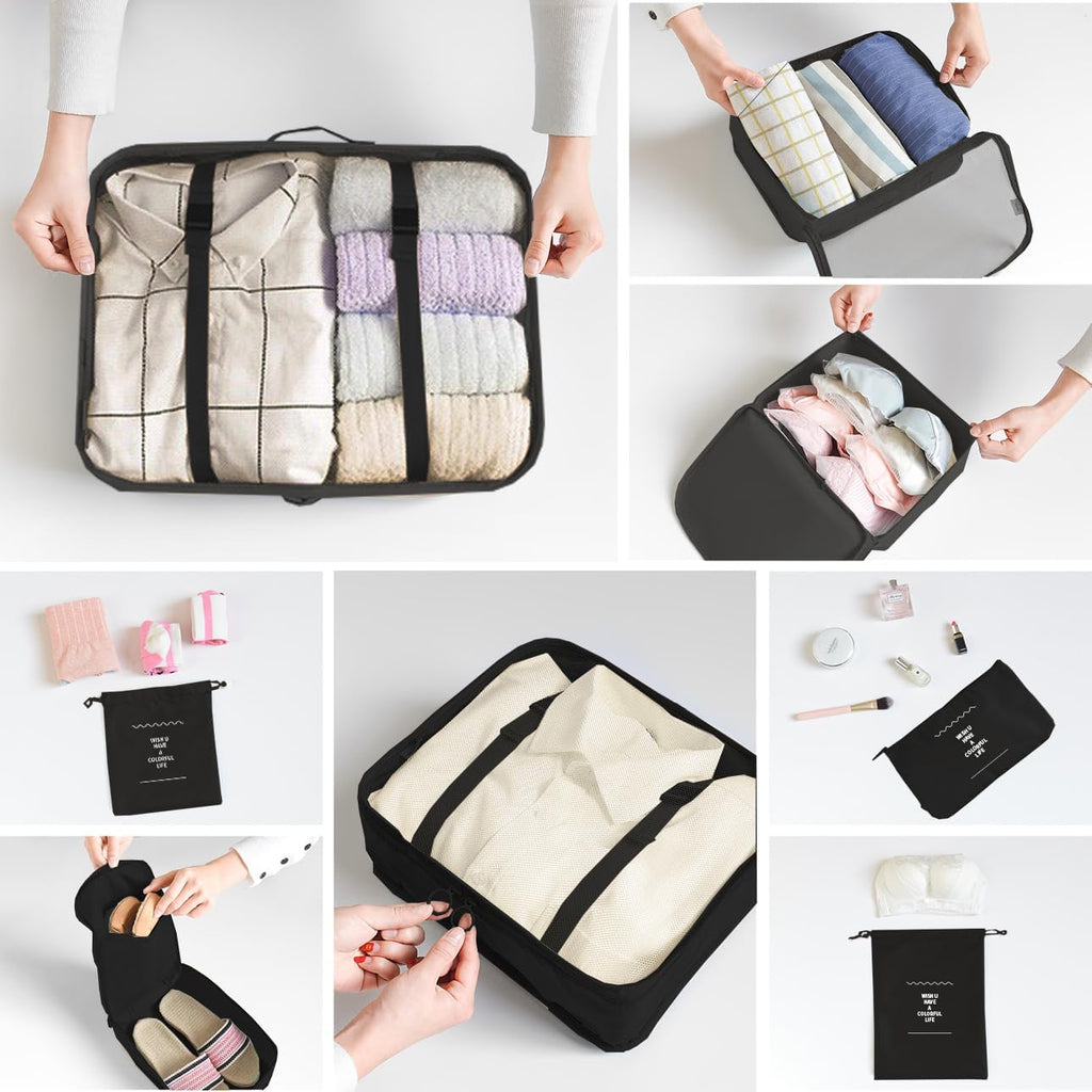 LANSKLBD 6/8 Set Packing Cubes for Suitcases Travel Luggage Packing Organizers,Travel Accessories Essentials Luggage Organizer with Shoe/Tioletry/Laundry Bag (Black, 8 set)
