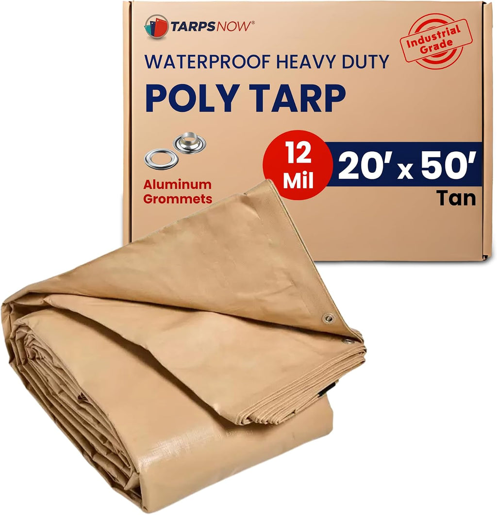 Tarps Now 20x50 Feet Heavy Duty Waterproof Poly Tarp | 12 MIL Reinforced Tarp with Aluminum Grommets | General-Purpose Brown Tarp Cover