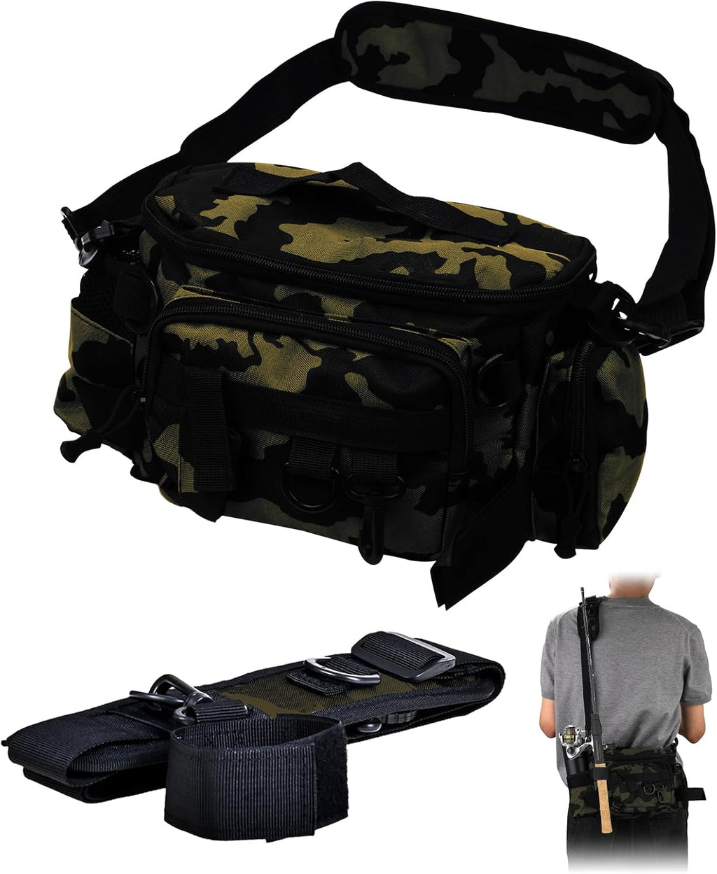 Fishing Waist Bag with Adjustable Belt/Shoulder Strap, Waterproof Tackle Storage Bag, Fishing Fanny Pack for Men, Shoulder Bag, Lures Organizer Pouch, Travel Pack for Running Hiking Outdoor