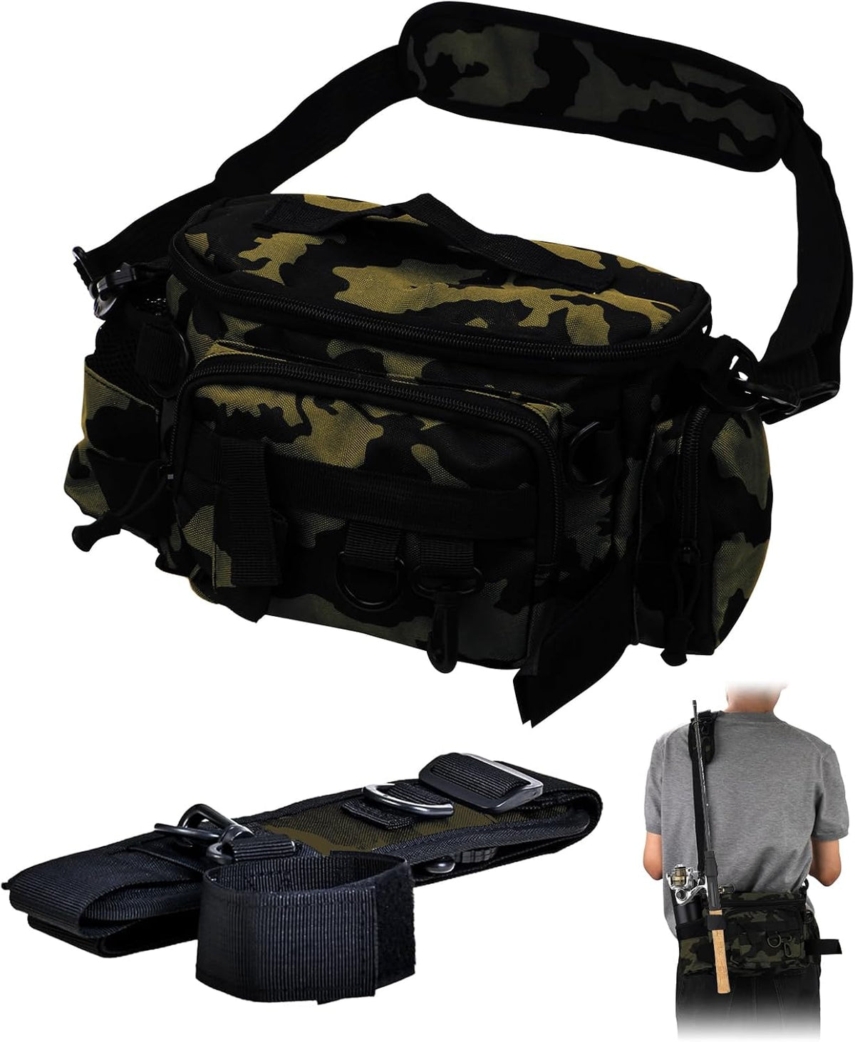 Fishing Waist Bag with Adjustable Belt/Shoulder Strap, Waterproof Tackle Storage Bag, Fishing Fanny Pack for Men, Shoulder Bag, Lures Organizer Pouch, Travel Pack for Running Hiking Outdoor