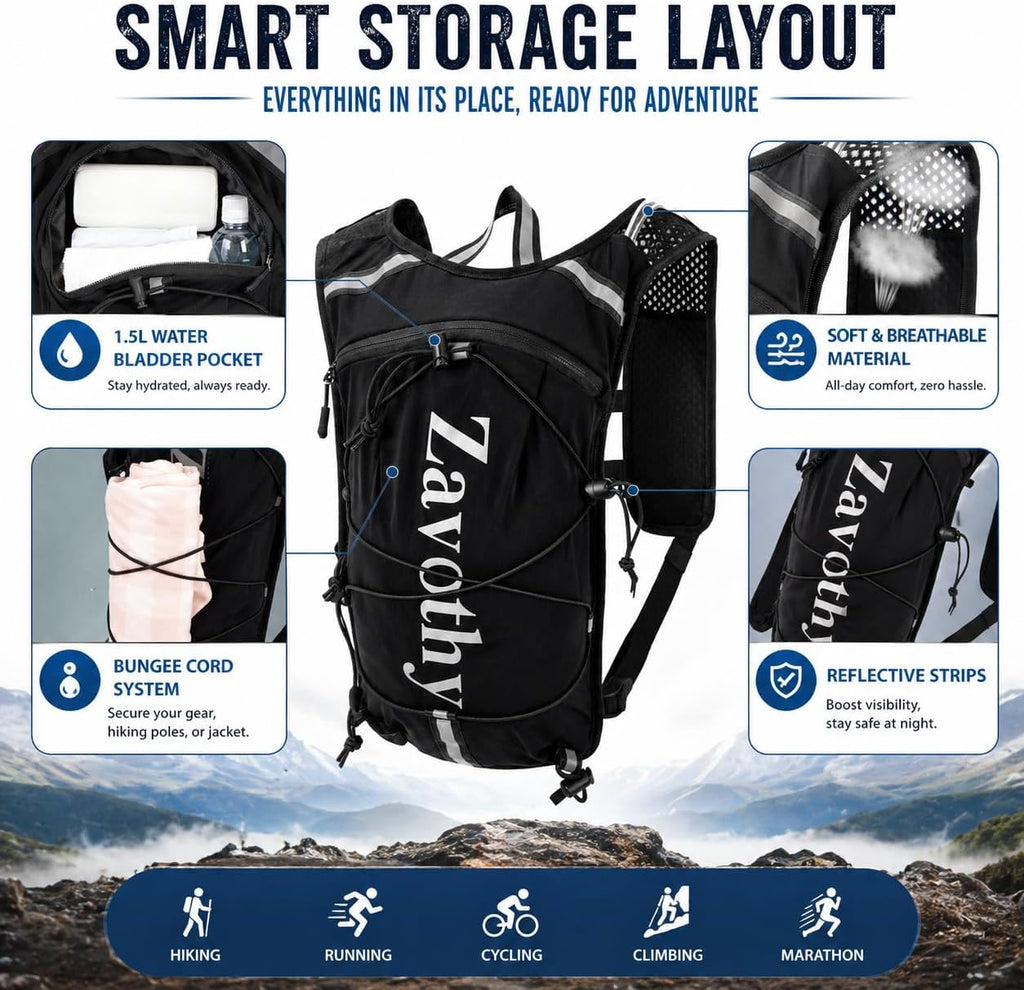 Zavothy Hydration Vest Pack with 1.5L Water Bladder, Lightweight 6L Hydration Backpack for Running, Hiking & Cycling, Breathable Reflective Hydration Vest for Men & Women