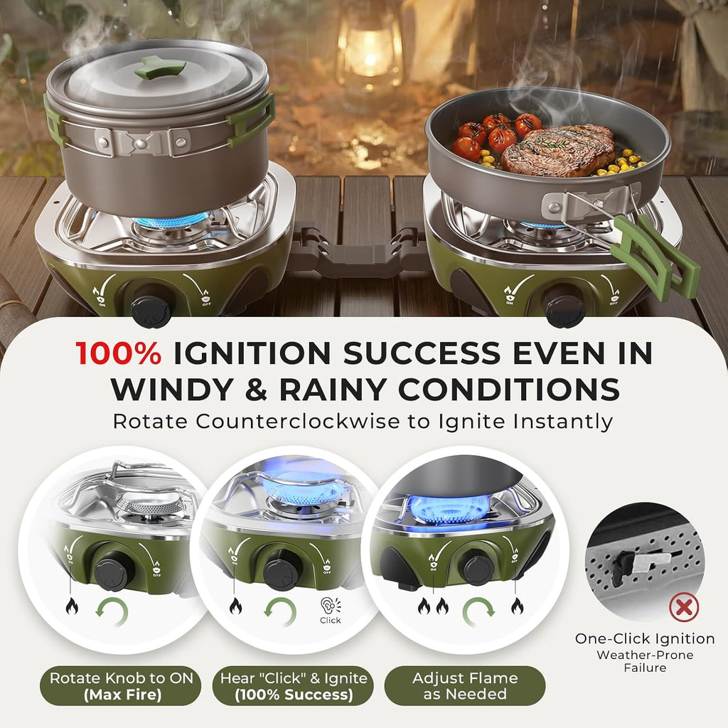 20000 BTU Propane Camping Stove with Cookware Set & Carry Bag Olive