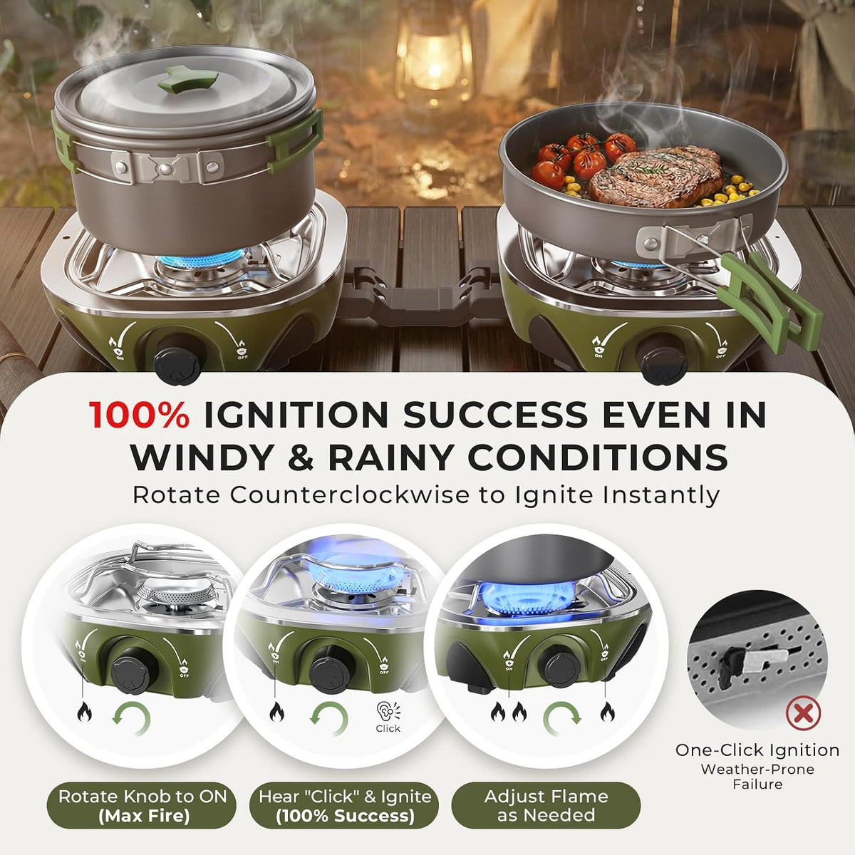 20000 BTU Propane Camping Stove with Cookware Set & Carry Bag Olive