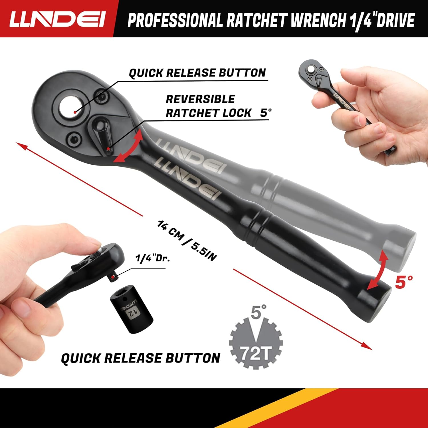 LLNDEI 48 Piece 1/4" Mini Socket Ratchet Wrench Set, Metric Shallow(4-14mm)