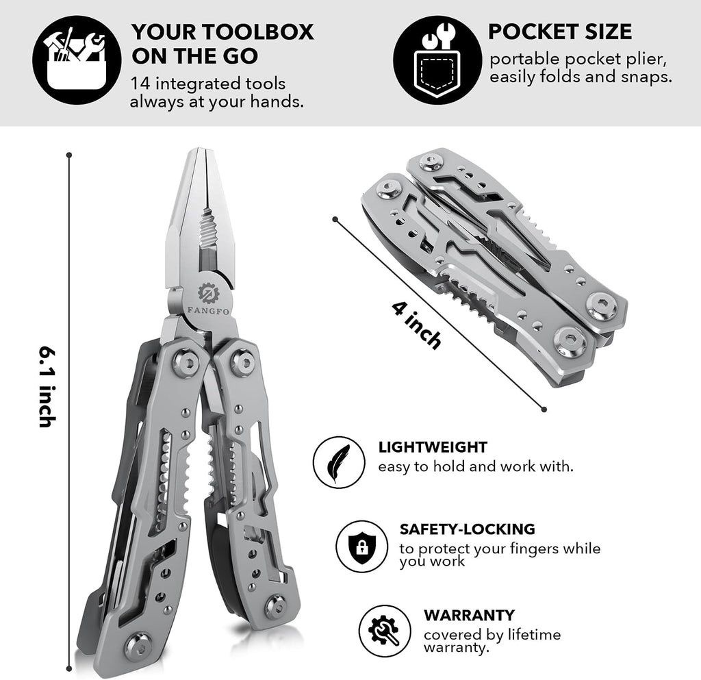 14-In-1 Multitool Pliers，Premium Portable Multi Tool ，with Safety Locking Professional Stainless Steel Multitool Pliers Pocket Knife,Apply to Survival, Camping,