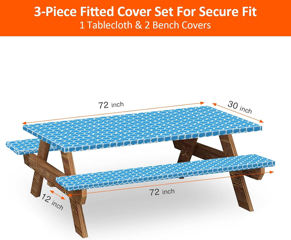 6ft 72in Picnic Table and Bench Cover, 3 Pack, Blue-White Moroccan