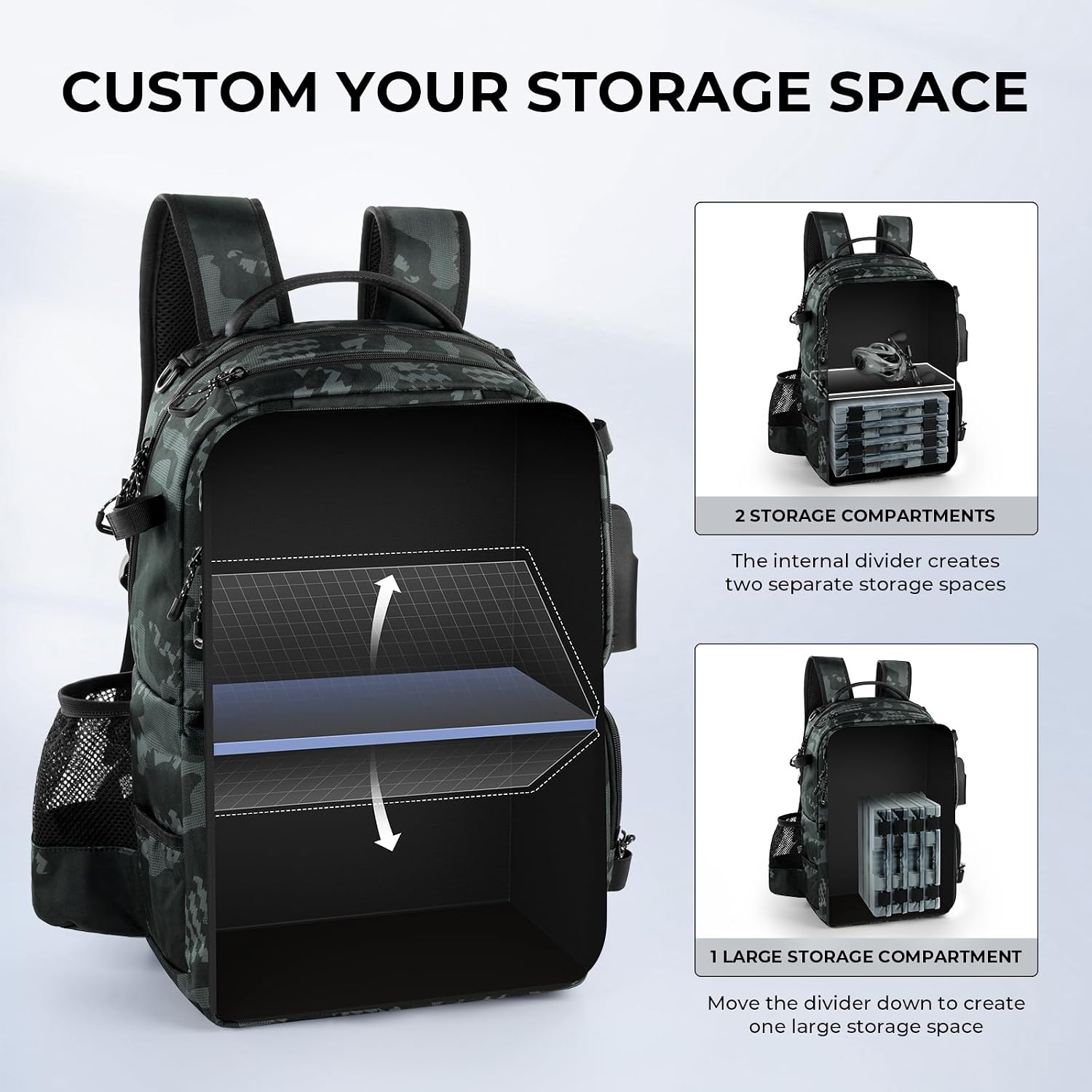 KastKing BaitSpace Fishing Tackle Backpack with Removable Bait Binder,2 Rod Holders Storage Fishing Gear and Equipment