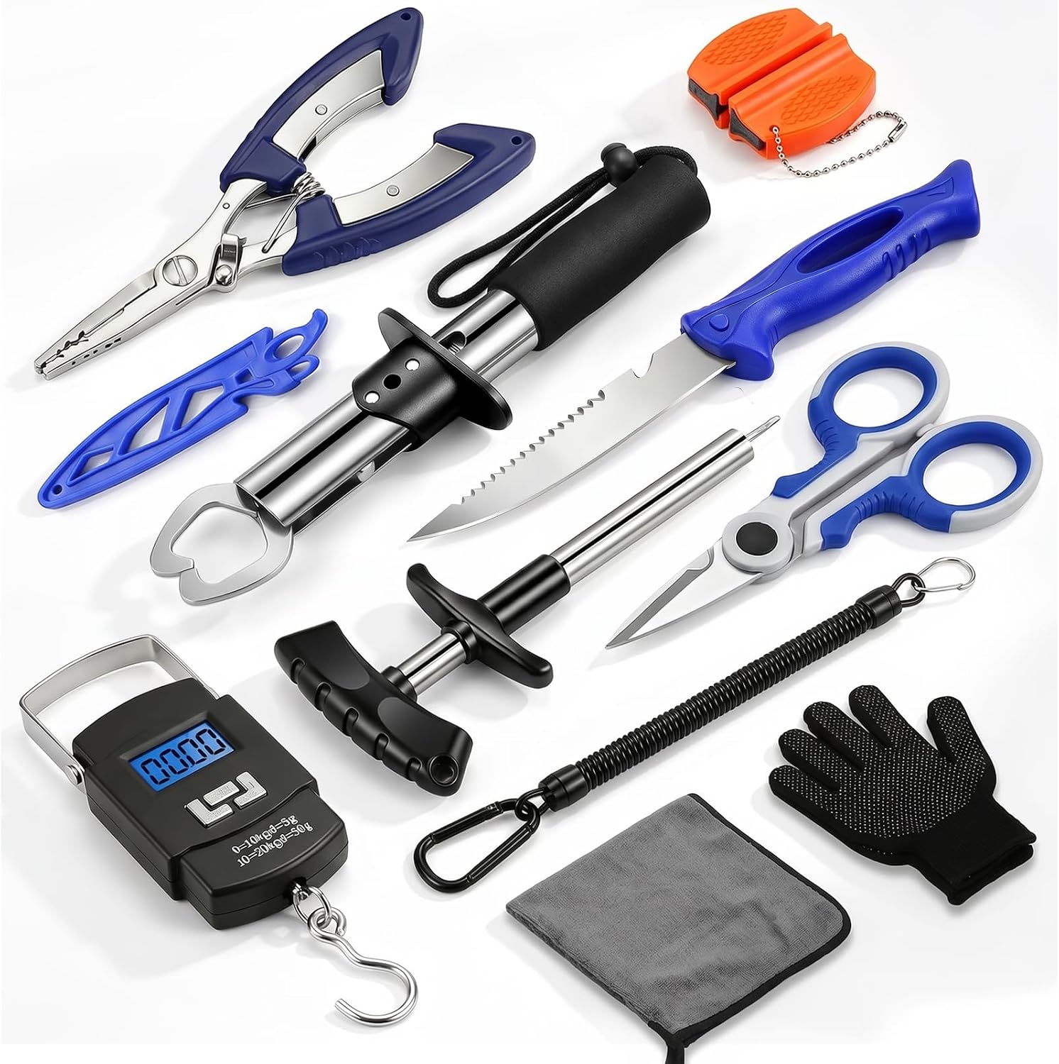 Fishing Tool Kit - Fishing Pliers, Hook Remover, Fish Gripper，Fish Scale, Fish Knife, Saltwater Fishing Gear with Sharpeners, Best Gifts for Men