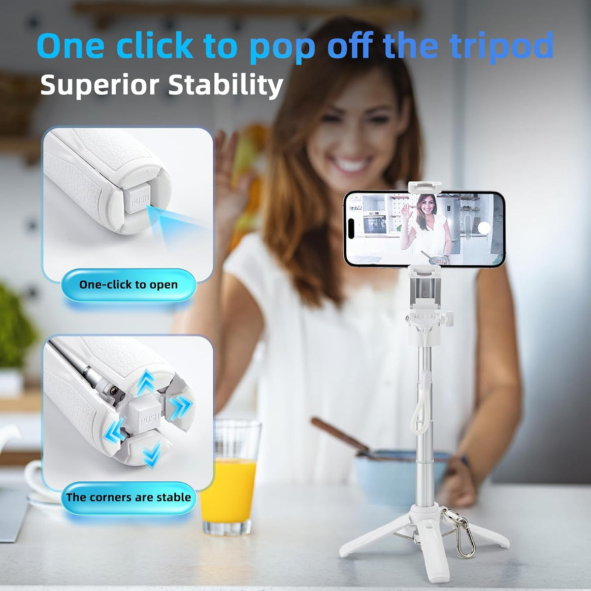MQOUNY for Magsafe Tripod Stand for iPhone,Portable Pocket Size Selfie Stick with Rechargeable Remote and Metal Ring,Extendable Detachable Cell Phone Tripod Compatible with iPhone/Android (White)