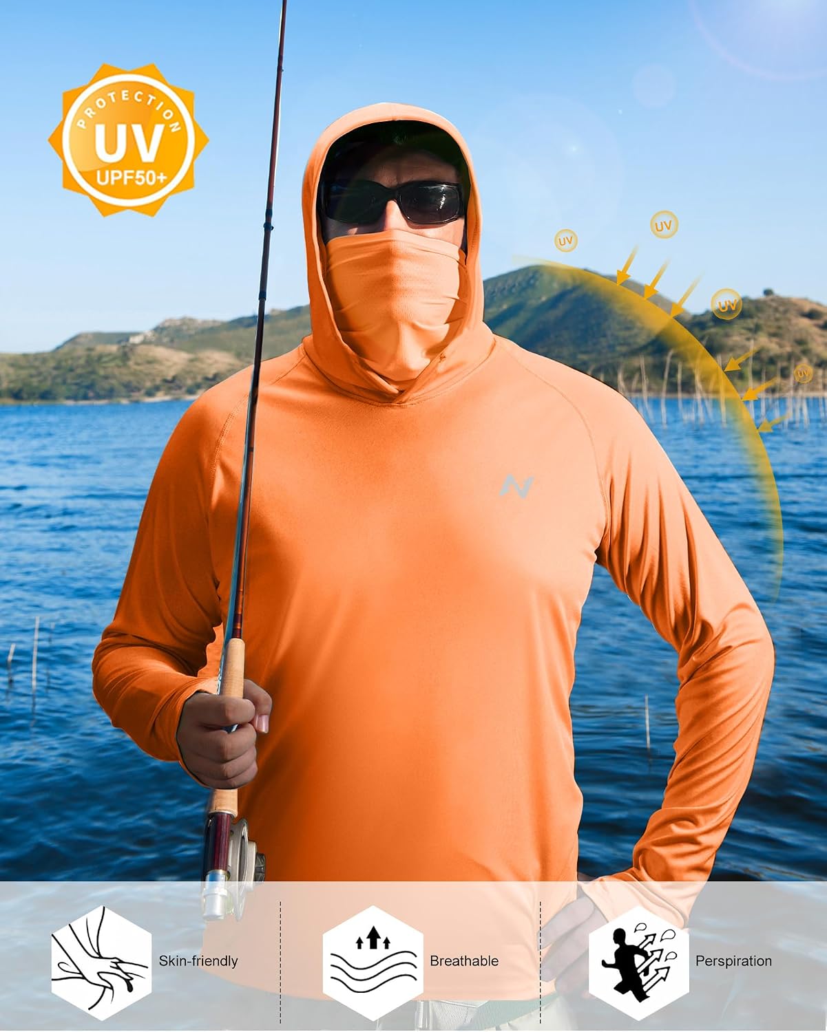 isnowood Mens UPF 50+ Sun Hoodie Long Sleeve Fishing Shirt with Face Mask