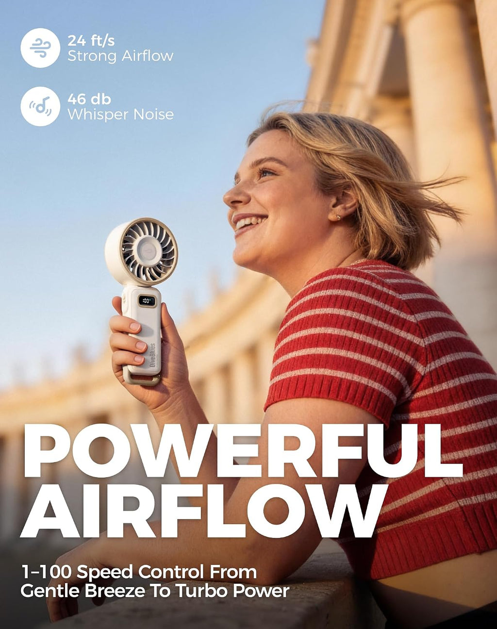 Diveblues Portable Turbo Fan, 100 Speed Handheld Fan with Strong Airflow, Foldable 4 in 1 Personal Fan for Neck, Desk & Travel, USB-C Rechargeable, Lightweight for Summer, Concerts & Outdoor Use