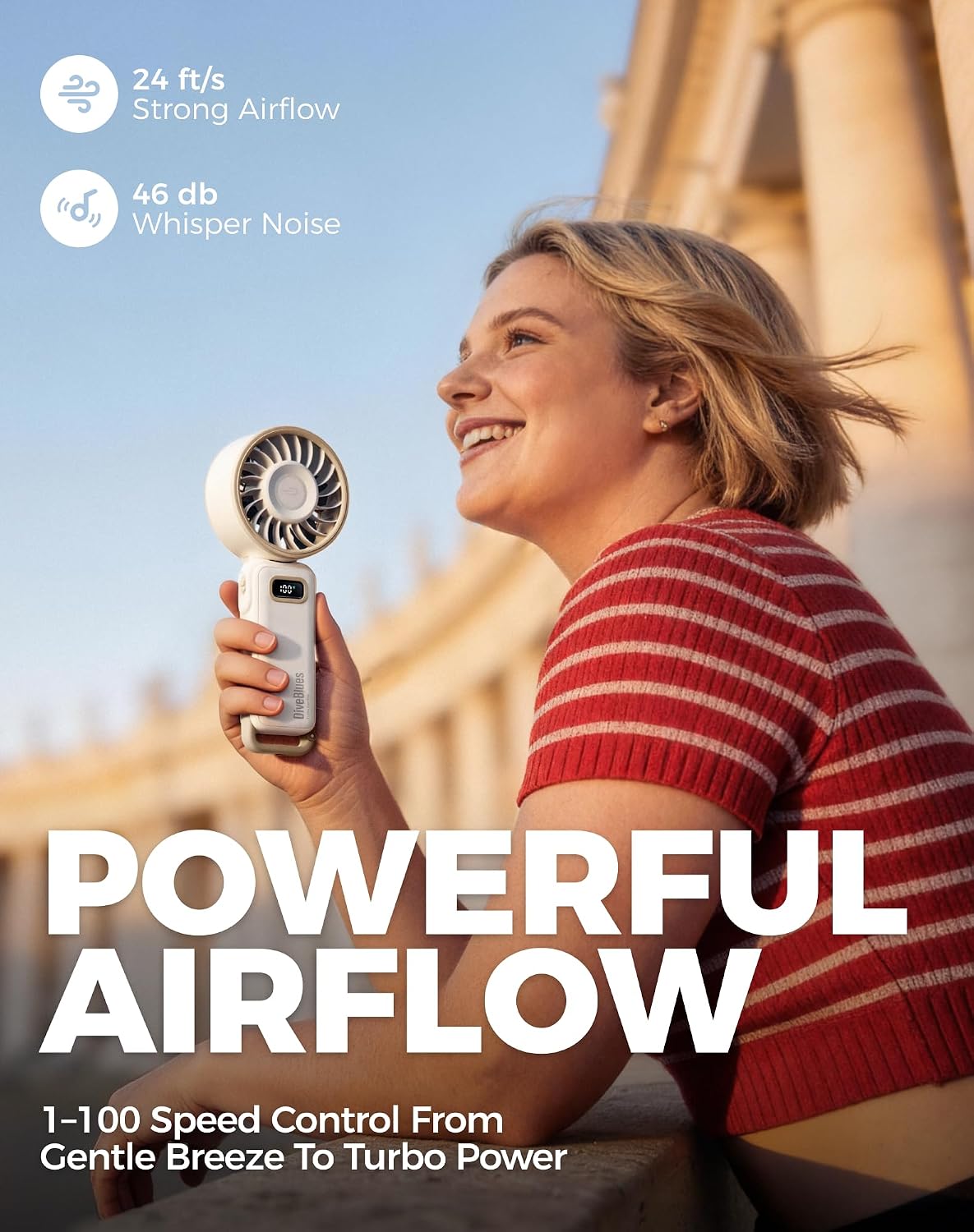 Diveblues Portable Turbo Fan, 100 Speed Handheld Fan with Strong Airflow, Foldable 4 in 1 Personal Fan for Neck, Desk & Travel, USB-C Rechargeable, Lightweight for Summer, Concerts & Outdoor Use