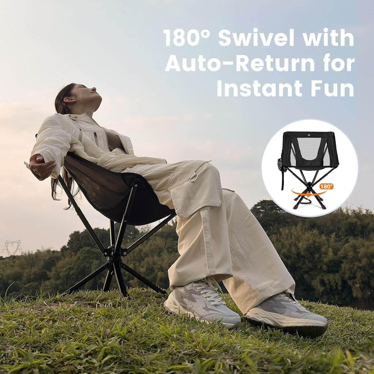 TCEK Portable Camping Chair - SwivelCore 180 Swivel & Auto-Return, Small Compact Lightweight Folding Chairs for Adults, Outdoor Backpack Chair for Adventures, Setup in Seconds, Support 300 LBS