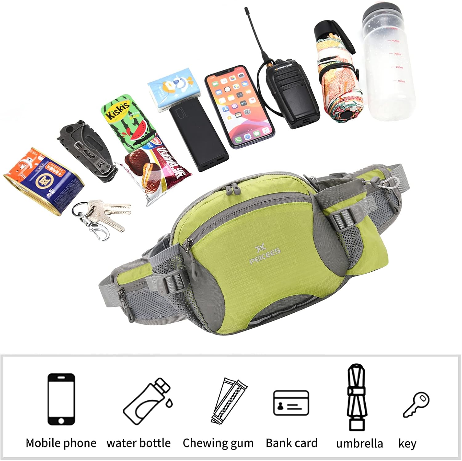 Peicees Hiking Fanny Pack Large Waist Bag for Men Women with Bottle Holder Water Resistant Lumbar Pack for Hiking Camping Fishing Outdoor (Bottle Not Included)