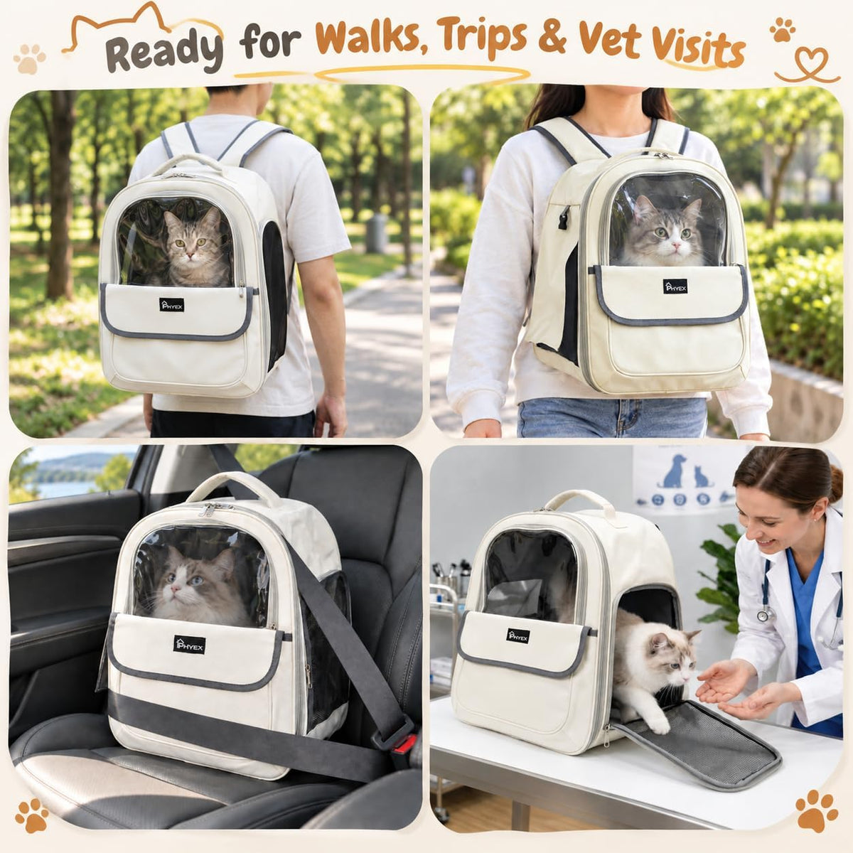 Cat Backpack Carrier 15" L x 9.6" W x 13.6" H, Off-White
