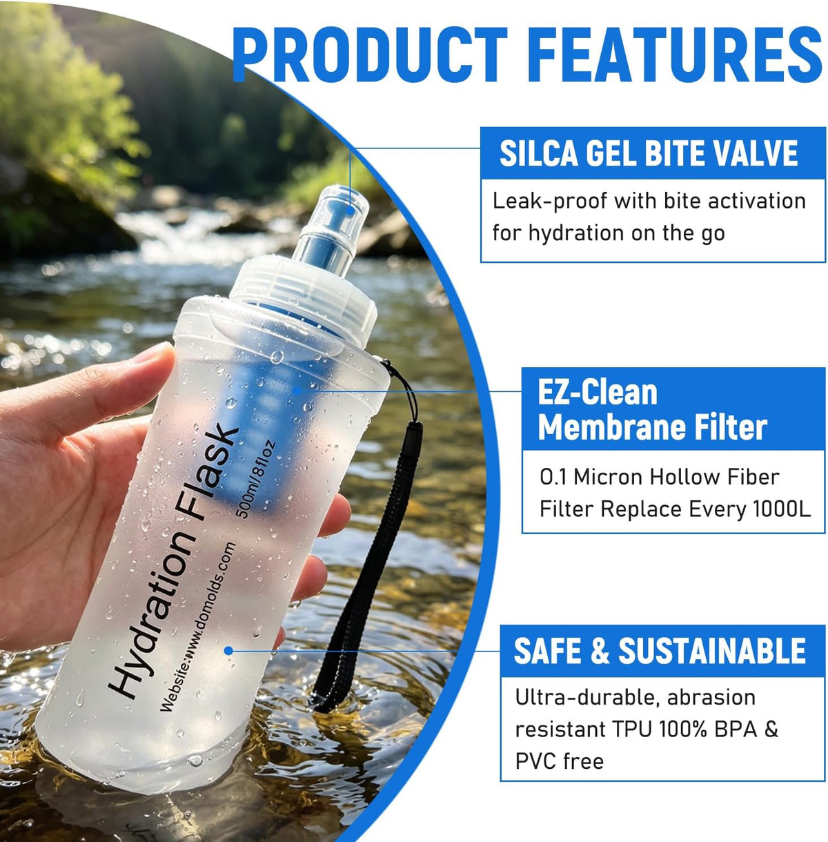 1L Collapsible Water Bottle with Filter for Hiking Backpacking(White)