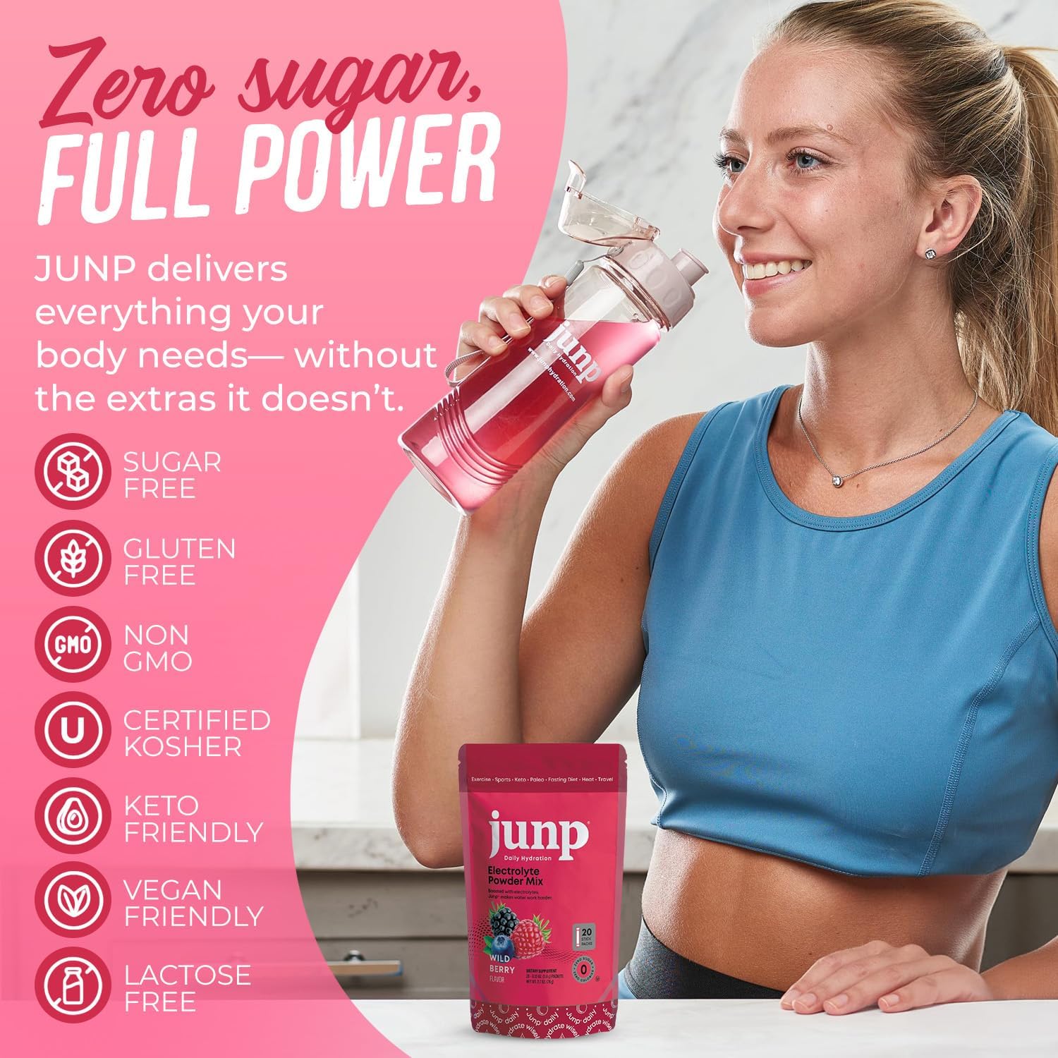 JUNP Sugar Free Electrolytes Powder Packets for Water Instant Hydration Packets with Salt & Potassium, Zero Calorie, No Carbs No Sugar Electrolyte Drink Mix Sticks, Keto Friendly, Wild Berry 20 Pack