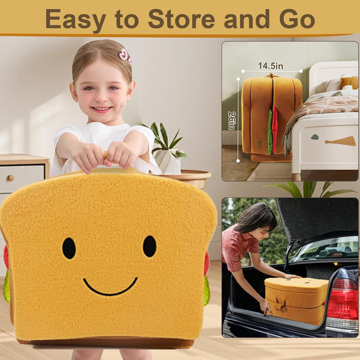 Toddler Travel Bed Sandwich Style - Portable Toddlers Floor Beds, Foldable Soft Foam Travel Bed for Baby and Kid, Washable Cover Toddler Cot with Safety Rail for Travel, Home/Travel Sleep