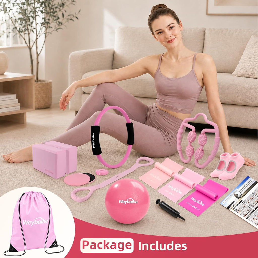 12 PCS Pilates Kit for Home Workouts,Pink Pilates Set with Yoga Block