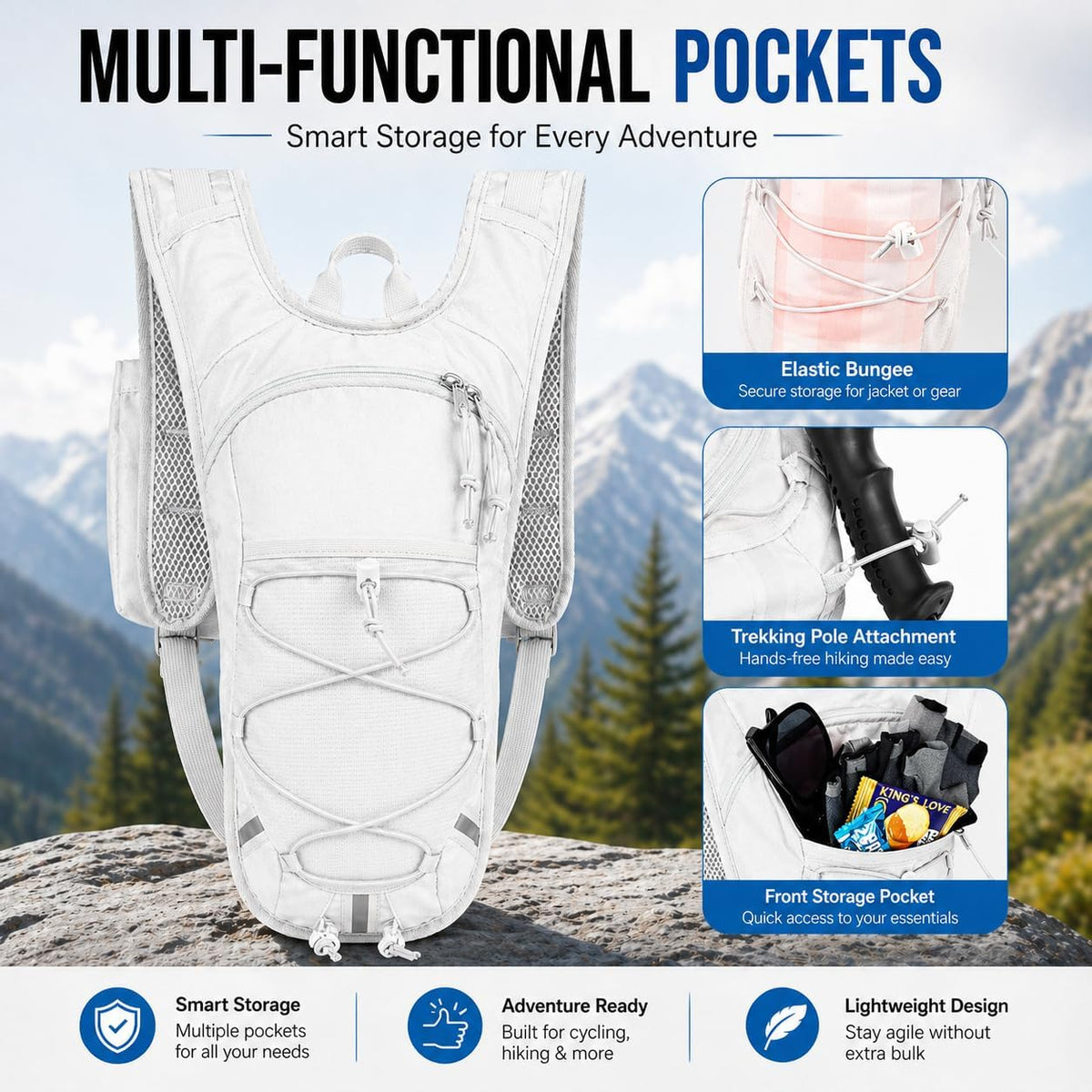Lightweight Hydration Backpack 2L Water Bladder Pack for Running, Cycling, Hiking – Anti-Theft Water Backpack with Phone Holder, Trekking Pole Holder & Reflective Strips for Men & Women