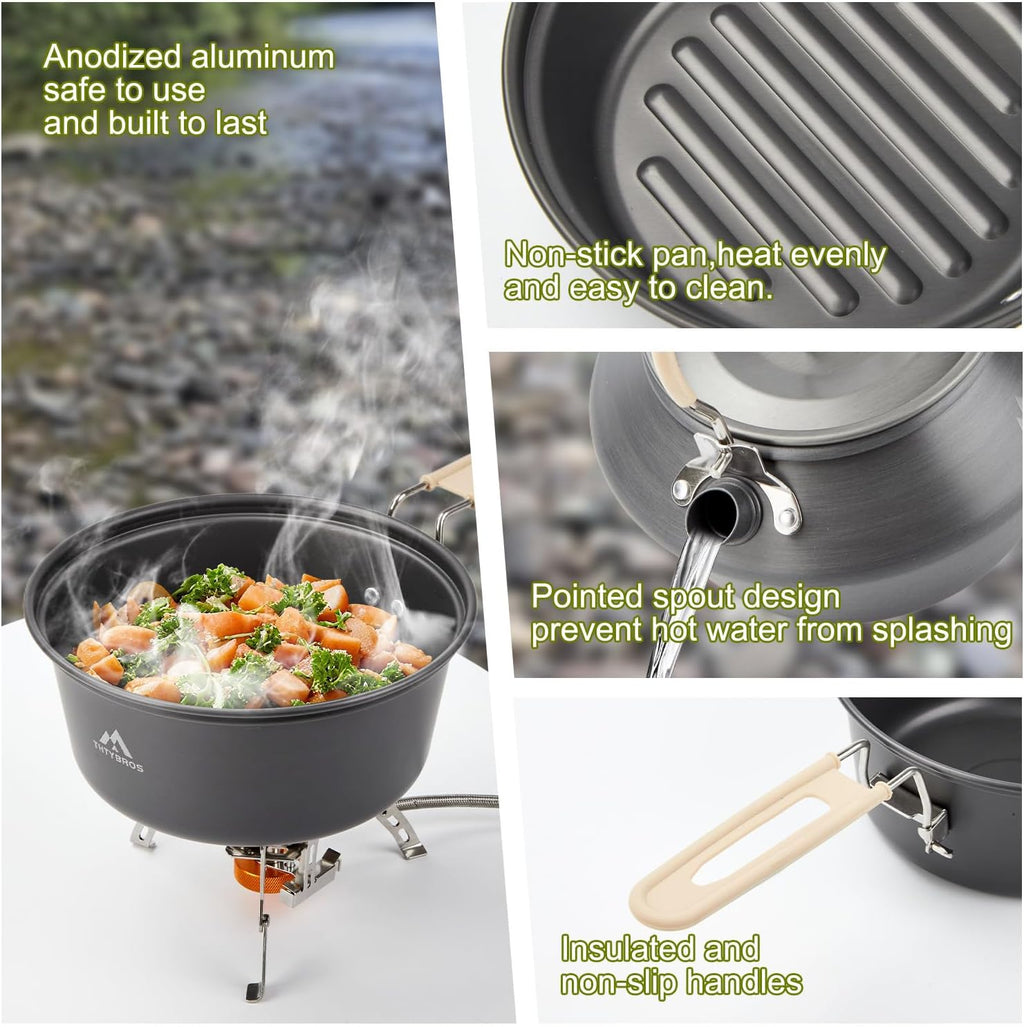 THTYBROS 27pcs Camping Cooking Set for 2-4 People, Portable Cookware Set with Kettle, Pots & Pans, Stainless Steel Utensils, Plates, Dishware for Backpacking, Picnic, Outdoor Adventures