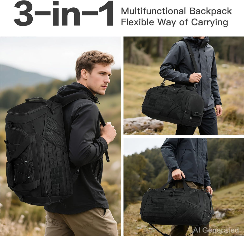 3-in-1 Tactical Gym & Travel Duffle Bag Backpack Men Multi-Functional 45L Military Sports Duffle Bag with Shoe Compartment & Wet Pocket for Workout Weekender Overnight Bag with Molle Webbing, Black