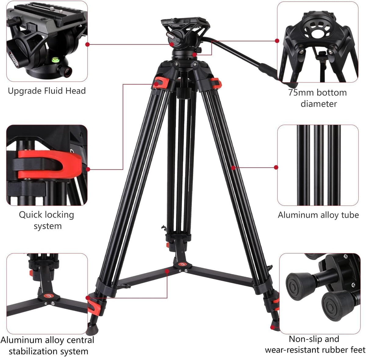 COMAN DF16LS Video Tripod, Heavy Duty Tripod & Fluid Head Max Load 17.6 lbs