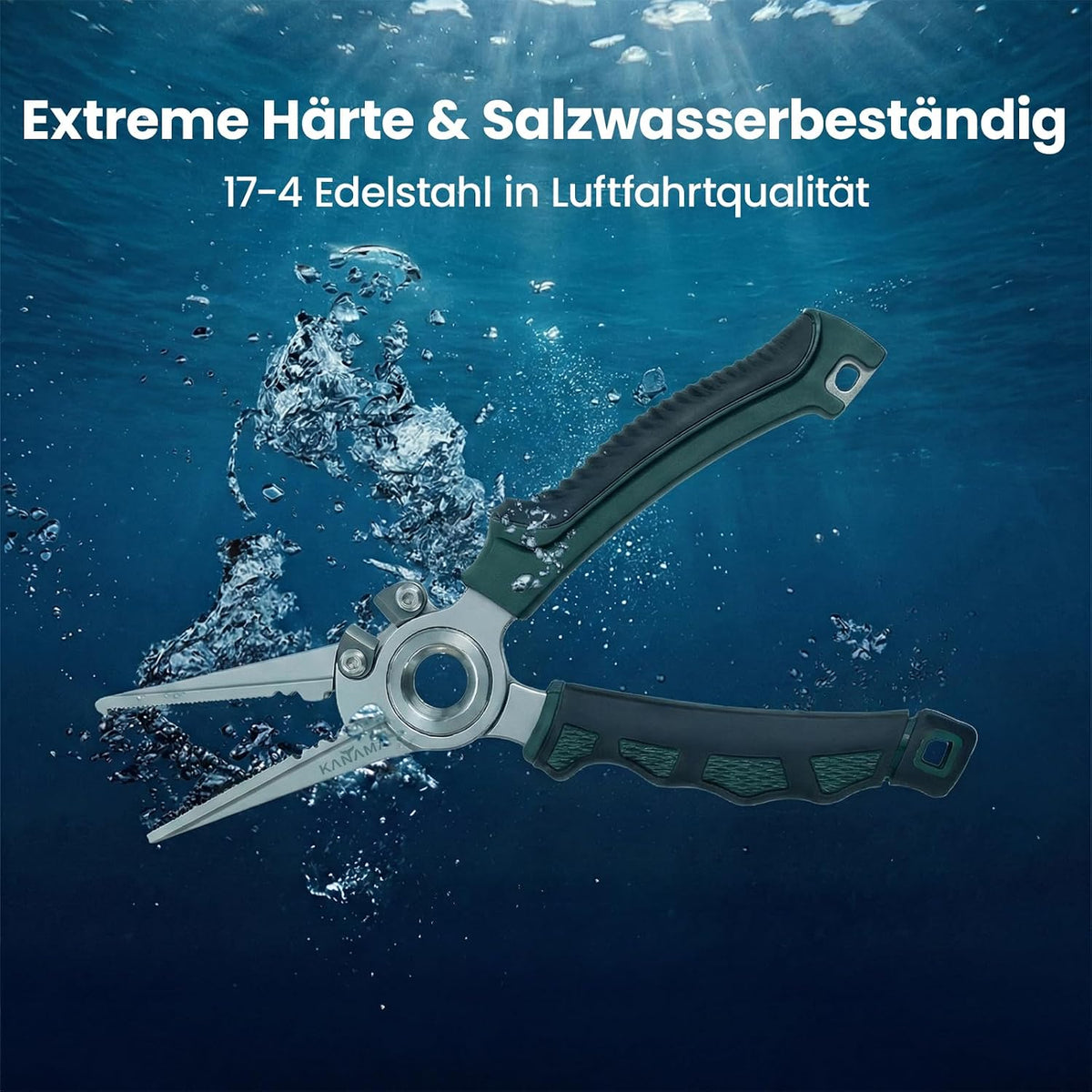 KANAMA 17-4 Stainless Steel Fishing Pliers, 7.5 Inch Rust Saltwater Fishing Pliers with Split Ring, Fish Hook Remover with Tungsten Carbide Braid Cutters, Non-Slip Handles Fishing Gifts for Men